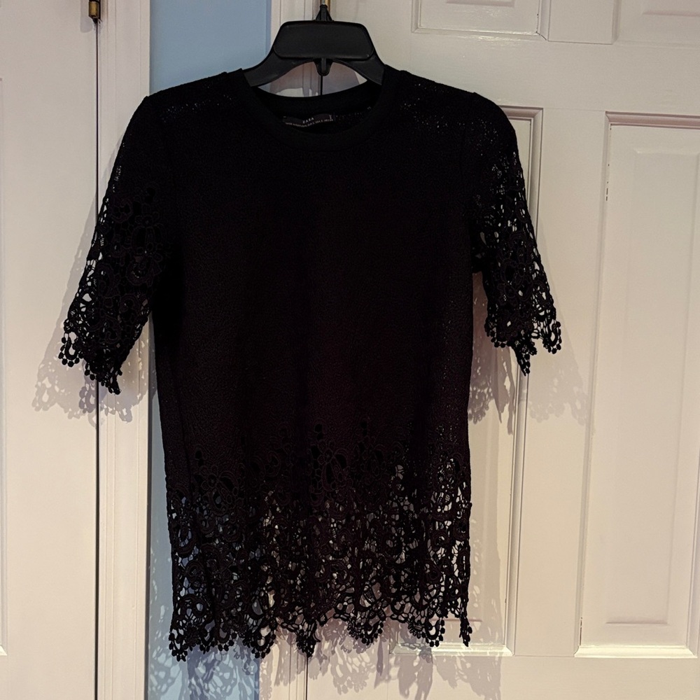 Zara Black Short-Sleeve Top with Lace Hem